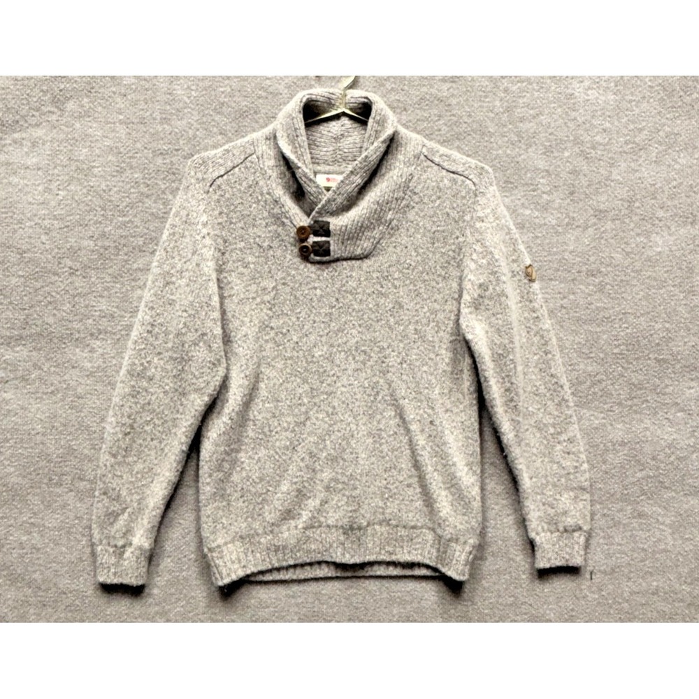 FJALLRaven Lada Wool Blend Mens Sweater Beige Shawl Collar Small Button EUC
